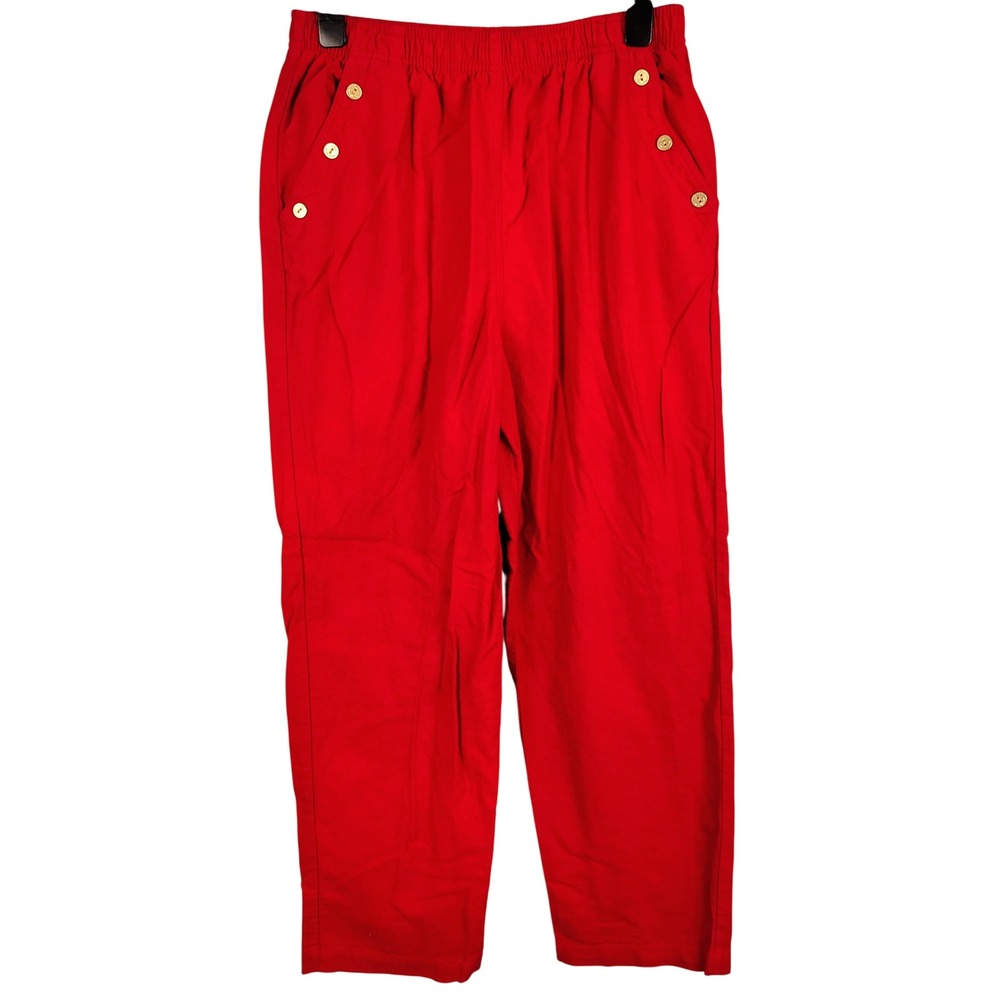 Erika Womens L Red Linen Blend Nautical Anchor Button Pants Coastal Grandma